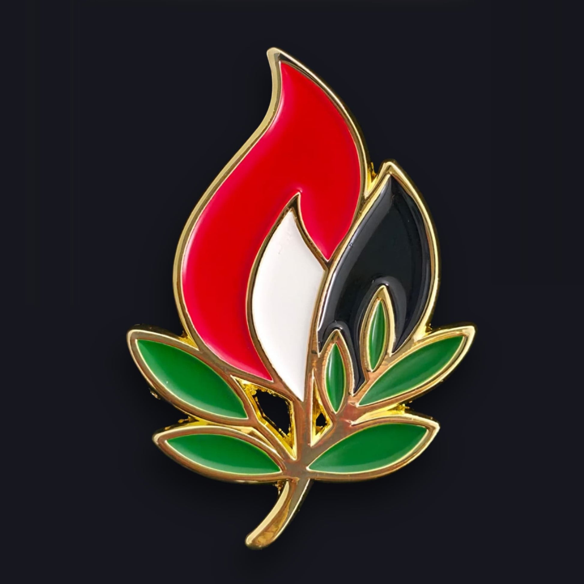 Olive & Flame Pin Badge with black background