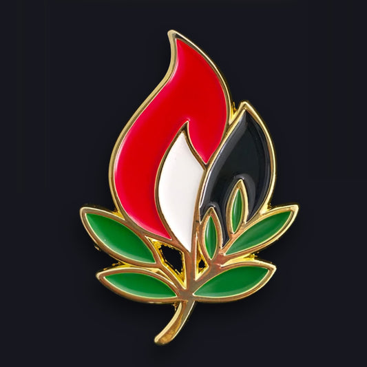 Olive & Flame Pin Badge with black background